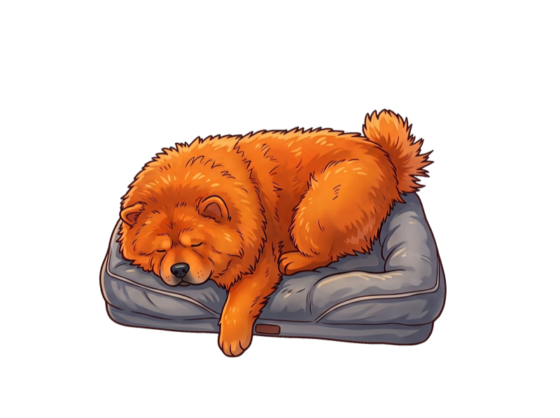 Haku, chow-chow roux endormi sur son coussin